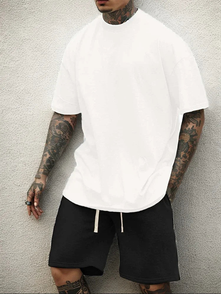 Men's Streetwear Summer Cotton T Shirt Shorts Sets Women Loose Solid Color Casual T-Shirt Suit Jogging Short Sleeve Short Pants