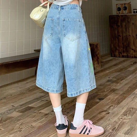 Jeans For Women 2025 Retro Hip Hop Street Jeans Summer Oversized Embroidered High Waisted Wide Leg Shorts Loose Y2K Wide Pants