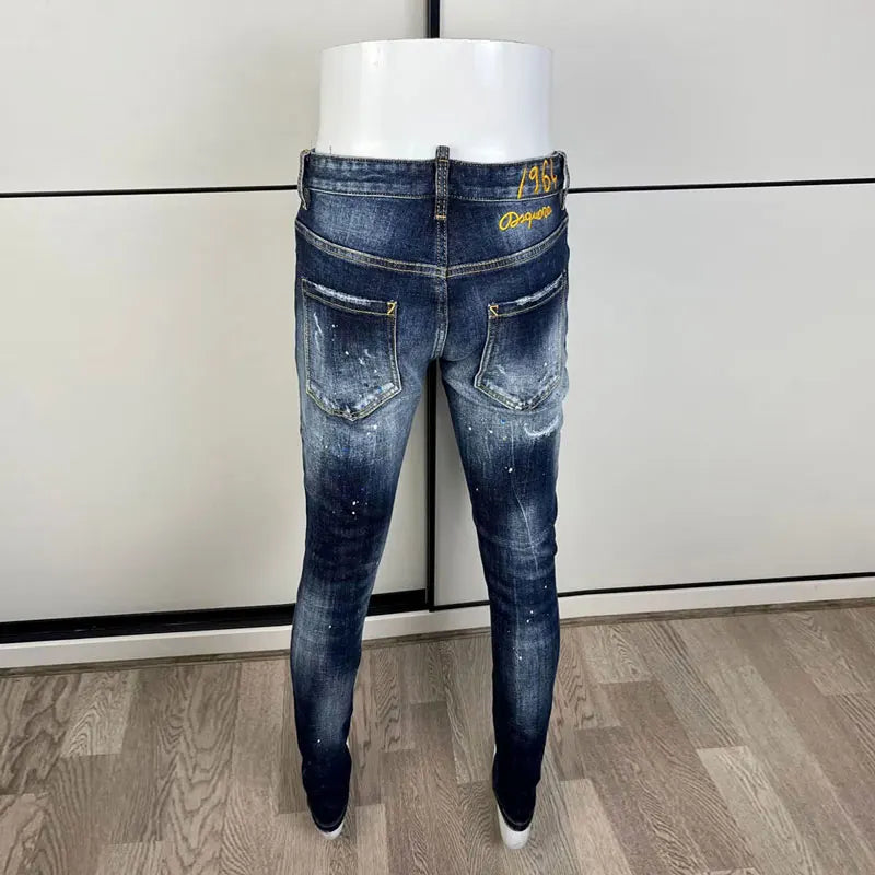 Latest designer fashion new men's jeans, washed, vintage painted embroidery, stretchy slim fit hombre