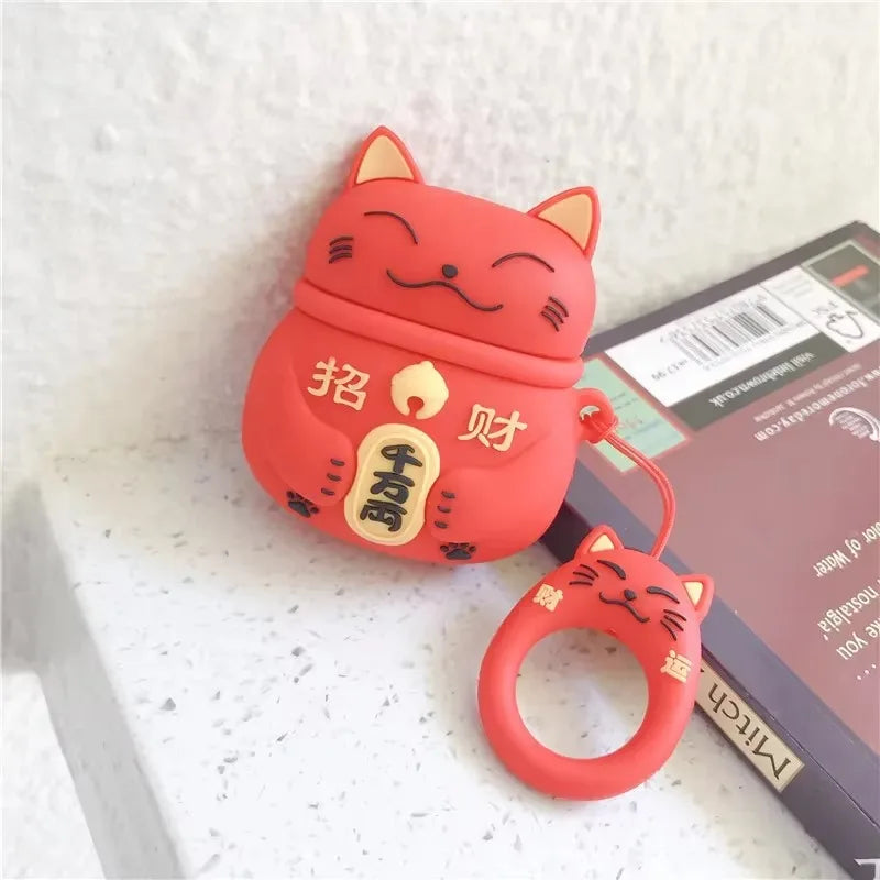 For AirPods 4 3 2 1 Pro Pro2 Earphone Case 3D Maneki Neko Lucky Cat Cartoon Silicone Protective Headphone Box With Pendant Cover