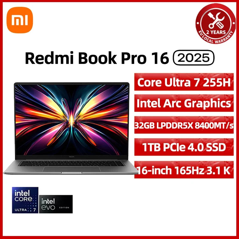 Xiaomi REDMI Book Pro 16 Laptop 2025 Ultra 7 255H/Ultra 5225H Intel Arc Graphics 32GB LPDDR5X 1T SSD 16-inch 3.1K 165Hz Screen