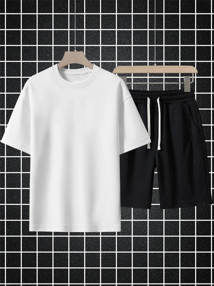 Men's Streetwear Summer Cotton T Shirt Shorts Sets Women Loose Solid Color Casual T-Shirt Suit Jogging Short Sleeve Short Pants