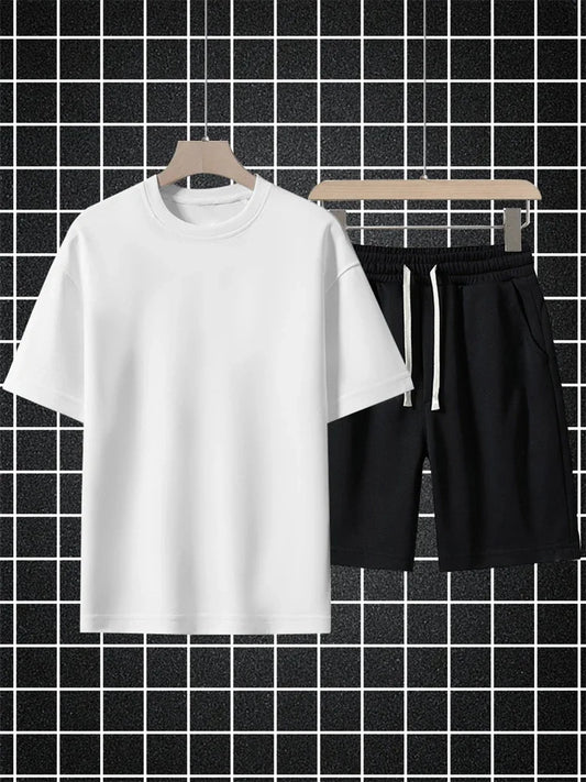 Men's Streetwear Summer Cotton T Shirt Shorts Sets Women Loose Solid Color Casual T-Shirt Suit Jogging Short Sleeve Short Pants