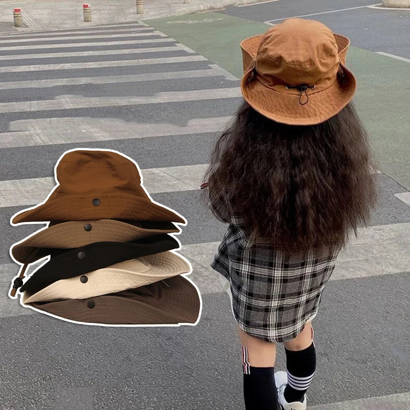 Summer Quick Dry Kids Bucket Hat Solid Color Boys Girls Fisherman Hats For Children Drawstring Outdoor Beach Panama Sun Cap