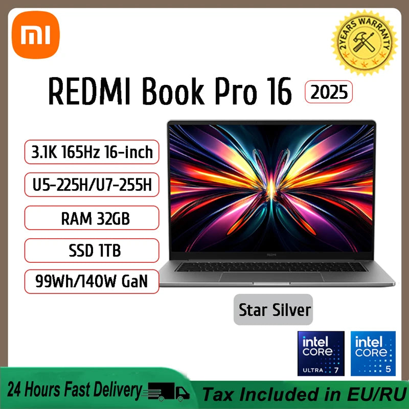 Xiaomi REDMI Book Pro 16 Laptop 2025 Ultra 7 255H/Ultra 5225H Intel Arc Graphics 32GB LPDDR5X 1T SSD 16-inch 3.1K 165Hz Screen