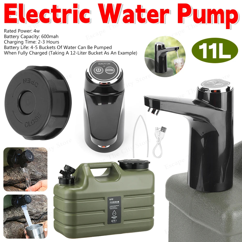 Electric Water Pump USB Rechargeable Portable Water Dispenser One Key Switch Auto Pump 11L Water Bin for Outdoor Camping