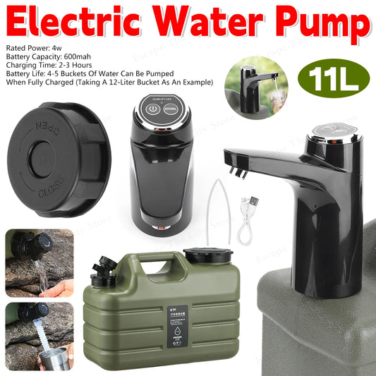 Electric Water Pump USB Rechargeable Portable Water Dispenser One Key Switch Auto Pump 11L Water Bin for Outdoor Camping
