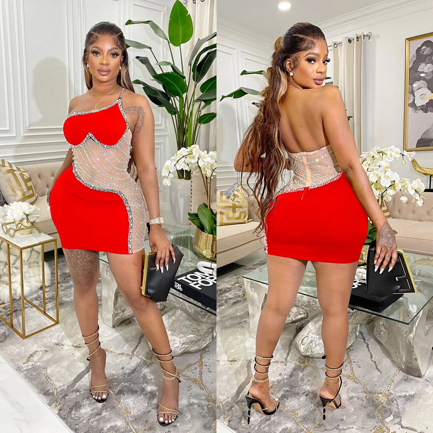 CM.YAYA Women Diamonds Hot Rhinestones Mesh Patchwork Sweetheart