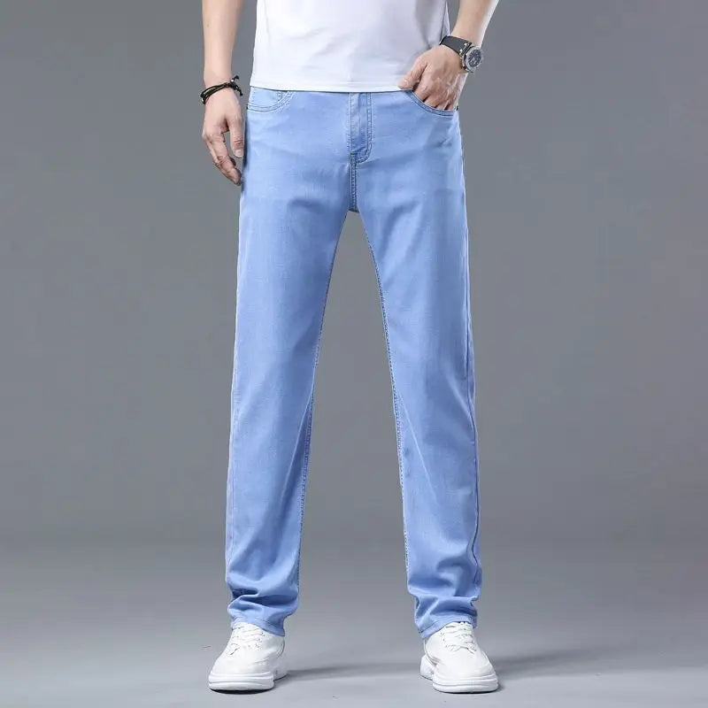 2025 Spring Summer Thin Men's Slim Stretch Jeans Lyocell Cool Light Blue Fashion Casual Denim Pants Male Brand Trousers