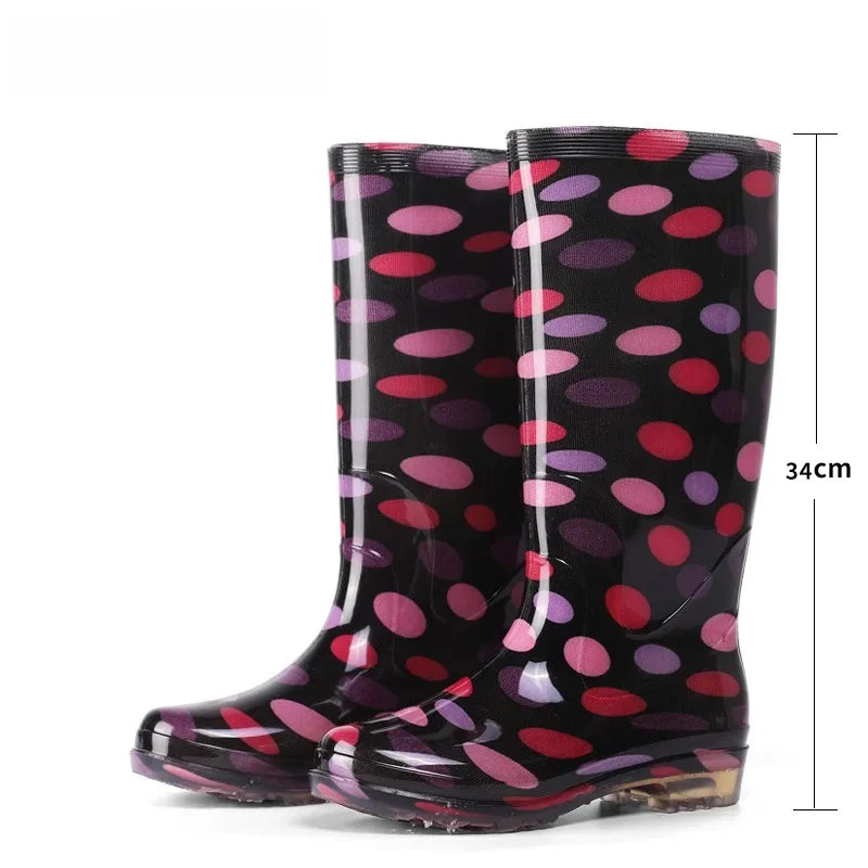Thickened Crystal Flower Fabric High Top Women's Rain Boots Kitchen Waterproof Non-Slip Work Shoes Low Heel Plastic Shoes