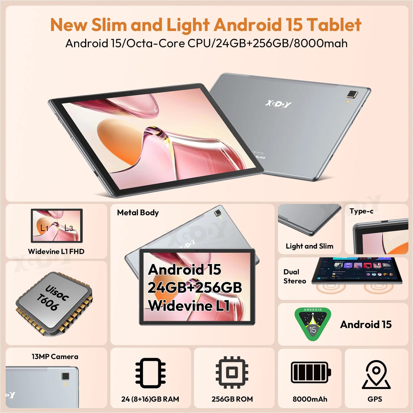 XGODY Globale Version P60 Pro Android 15 Tablet PC 10 Zoll ultra-klares 90Hz Display 24GB(8+16) 256GB 8000mAh Akku Tablet
