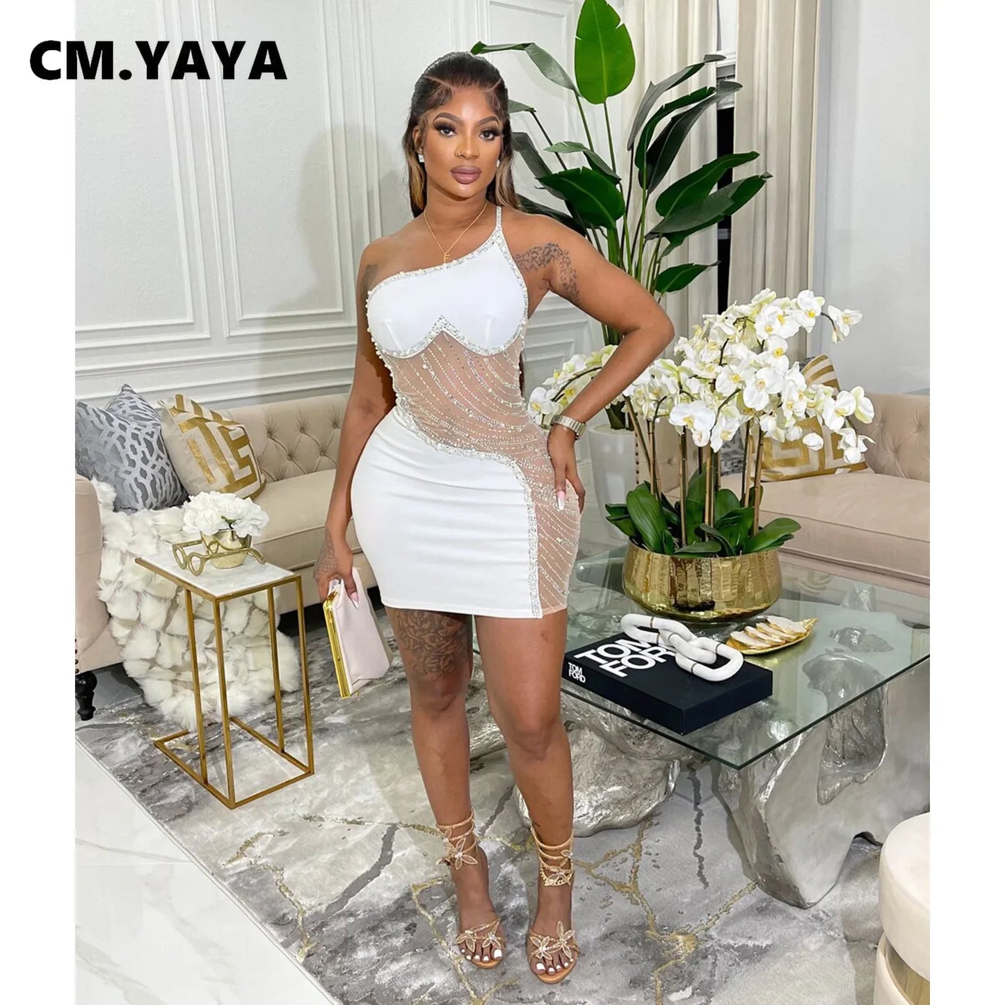 CM.YAYA Women Diamonds Hot Rhinestones Mesh Patchwork Sweetheart
