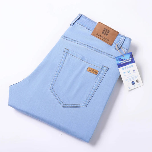 2025 Spring Summer Thin Men's Slim Stretch Jeans Lyocell Cool Light Blue Fashion Casual Denim Pants Male Brand Trousers