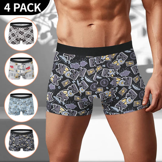 4 Pack European and American Size MEN'S Printed Fashion Boyshort Comfortable MEN'S plus Size Underwear Beach Swimming Trunks
