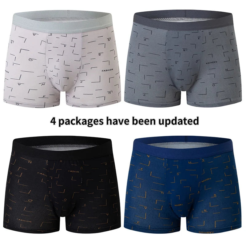 4 Pack European and American Size MEN'S Printed Fashion Boyshort Comfortable MEN'S plus Size Underwear Beach Swimming Trunks