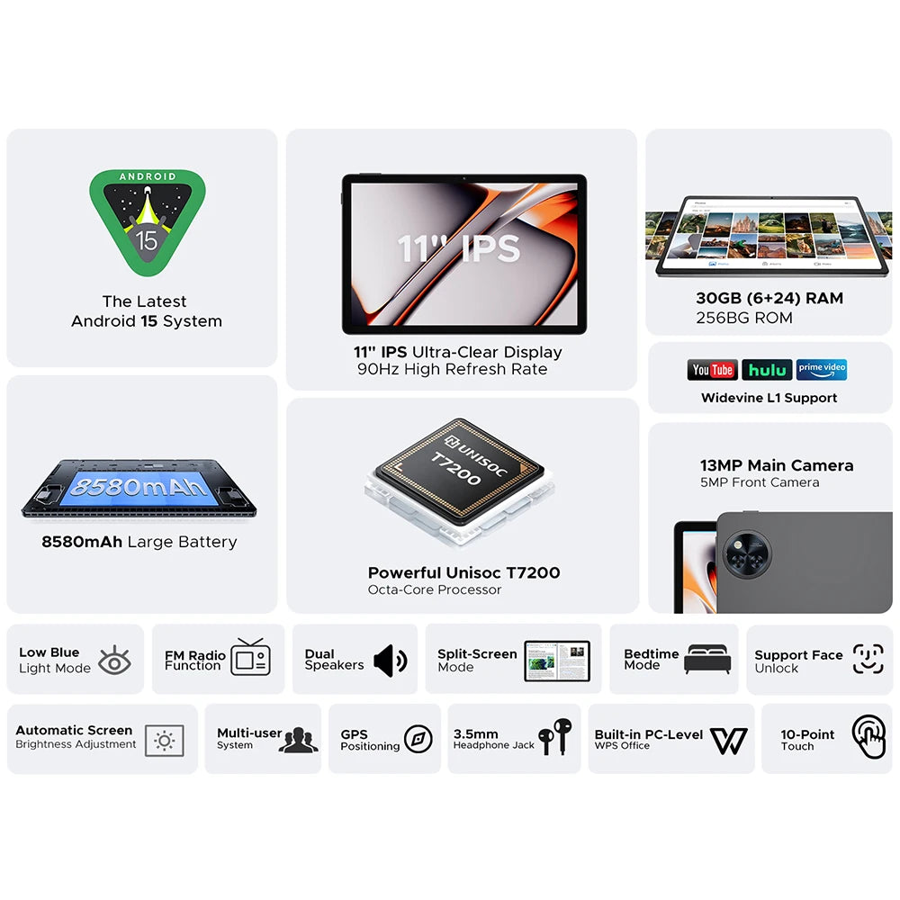 Global Version DOOGEE U11 Pro Android 15 Tablet 30GB(6+24) 256GB 11" HD 90Hz Display 8580mAh Battery Unisoc T7200 Widevine L1