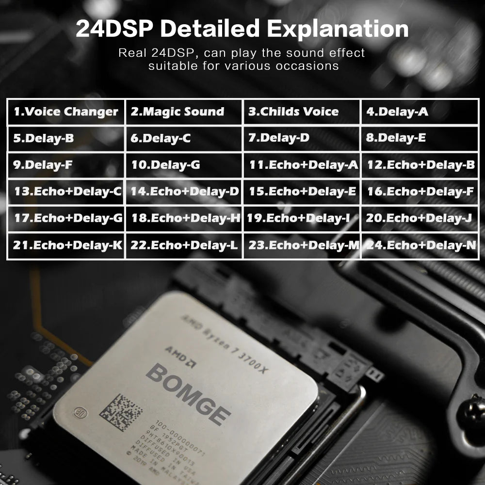 BOMGE 6 Channel 24DSP mini DJ Audio Sound Mixer Interface with MP3 USB Bluetooth Stereo Recording for karaoke performance stream