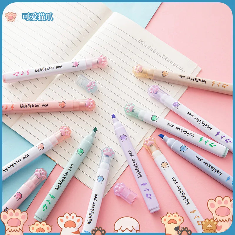 6Pcs/Set Kawaii Cat paw Fluorescent Highlighter Pens Markers Pastel Drawing Pen Student School Office Supplies Cute Stationery