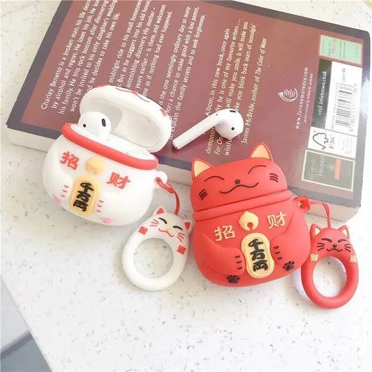 For AirPods 4 3 2 1 Pro Pro2 Earphone Case 3D Maneki Neko Lucky Cat Cartoon Silicone Protective Headphone Box With Pendant Cover