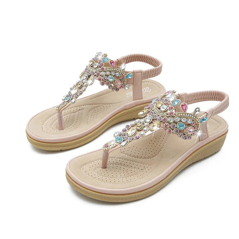 Plus Size 36-41 Shoes for Women Summer New Round Toe Flip Flops Fashion Rhinestone Ladies Sandals Roman Crystal Platform Elastic