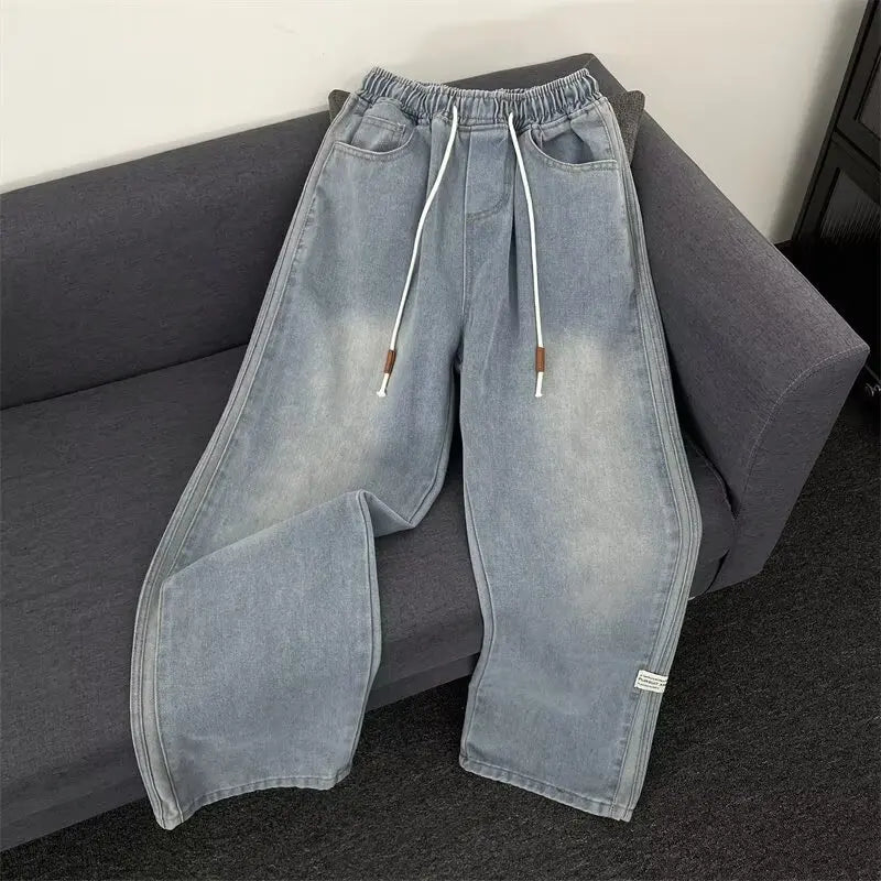 Jeans Men 2025 Spring Autumn American Style Vintage Loose Straight Leg Long Pants Men's Youth Popular Drawstring Wide Leg Pants