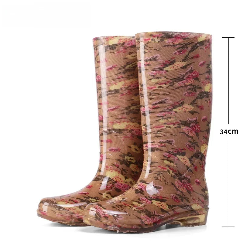 Thickened Crystal Flower Fabric High Top Women's Rain Boots Kitchen Waterproof Non-Slip Work Shoes Low Heel Plastic Shoes