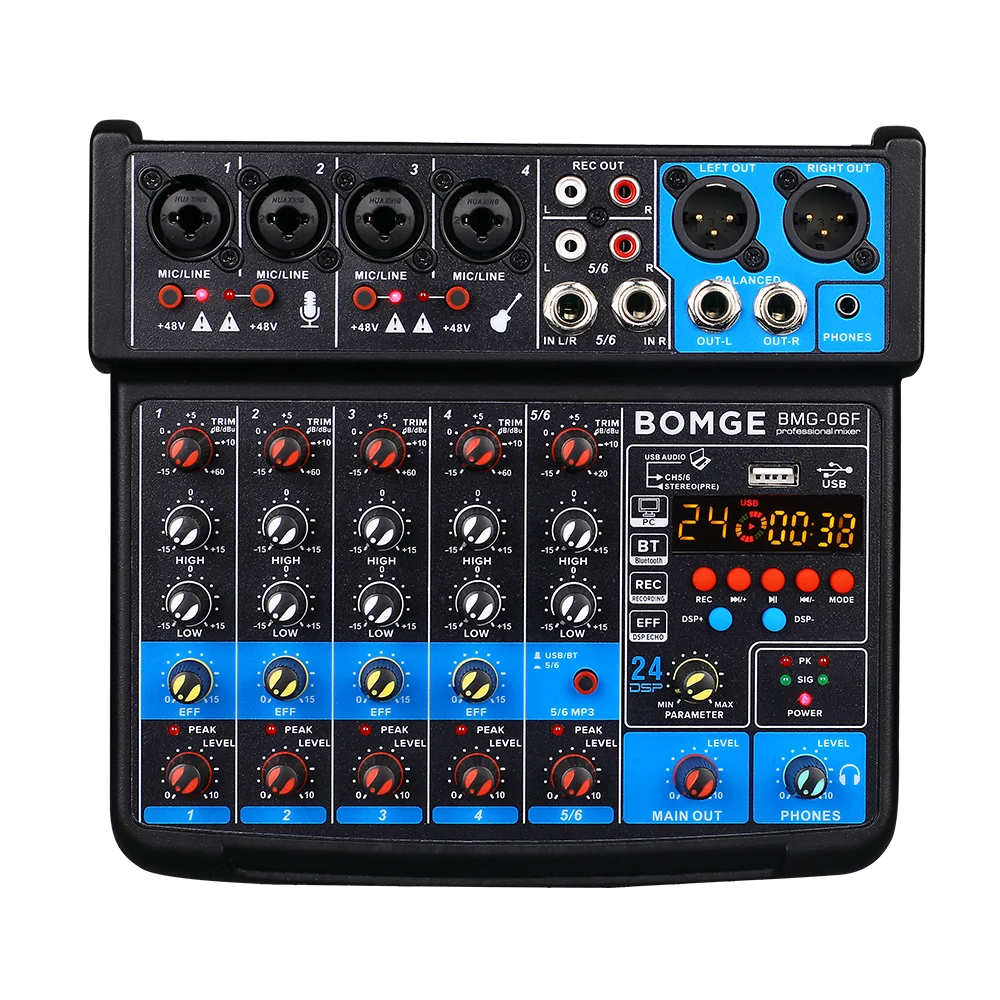 BOMGE 6 Channel 24DSP mini DJ Audio Sound Mixer Interface with MP3 USB Bluetooth Stereo Recording for karaoke performance stream