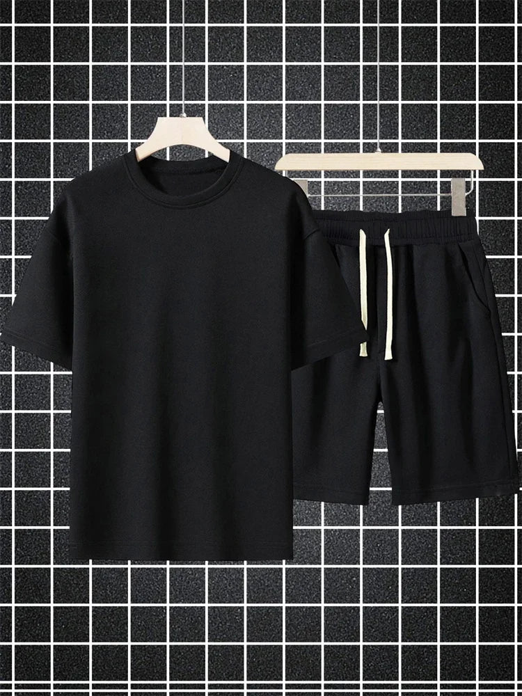 Men's Streetwear Summer Cotton T Shirt Shorts Sets Women Loose Solid Color Casual T-Shirt Suit Jogging Short Sleeve Short Pants