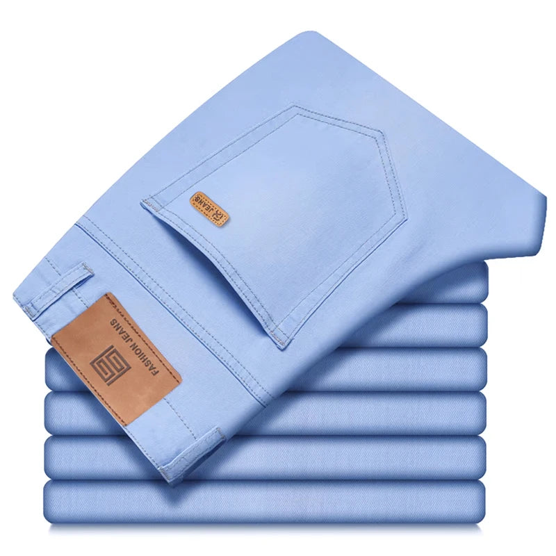 2025 Spring Summer Thin Men's Slim Stretch Jeans Lyocell Cool Light Blue Fashion Casual Denim Pants Male Brand Trousers