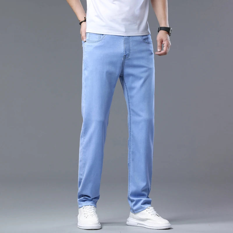 2025 Spring Summer Thin Men's Slim Stretch Jeans Lyocell Cool Light Blue Fashion Casual Denim Pants Male Brand Trousers