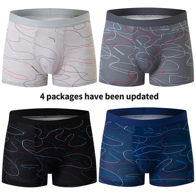 4 Pack European and American Size MEN'S Printed Fashion Boyshort Comfortable MEN'S plus Size Underwear Beach Swimming Trunks