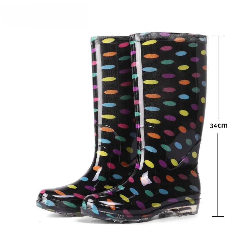 Thickened Crystal Flower Fabric High Top Women's Rain Boots Kitchen Waterproof Non-Slip Work Shoes Low Heel Plastic Shoes