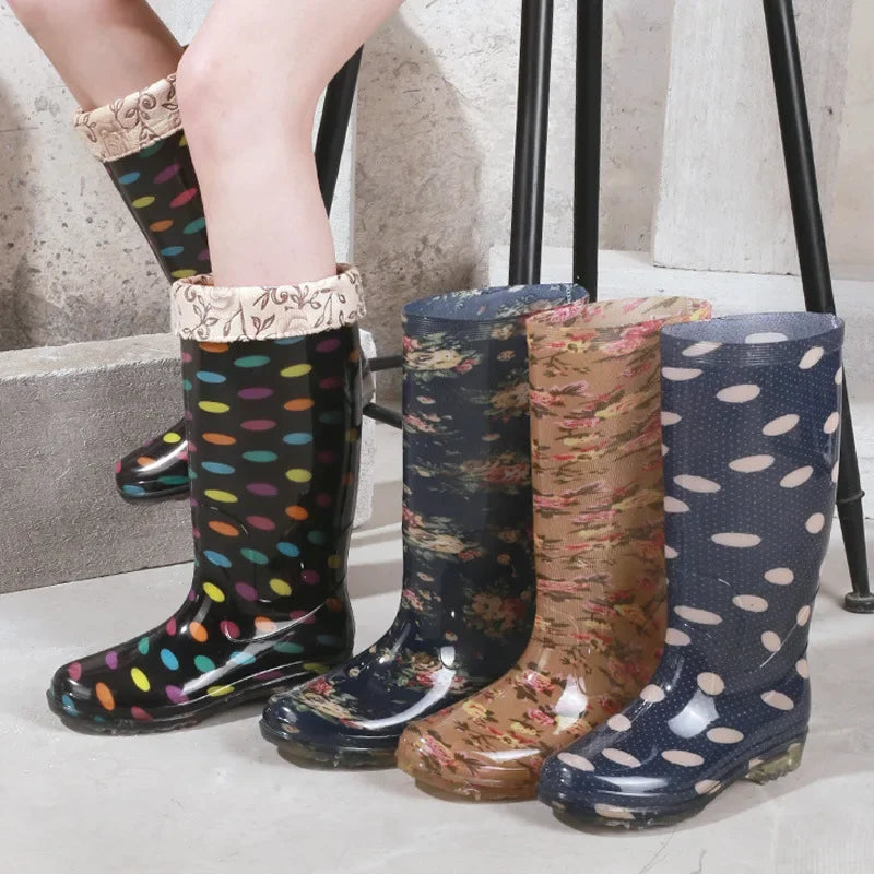 Thickened Crystal Flower Fabric High Top Women's Rain Boots Kitchen Waterproof Non-Slip Work Shoes Low Heel Plastic Shoes