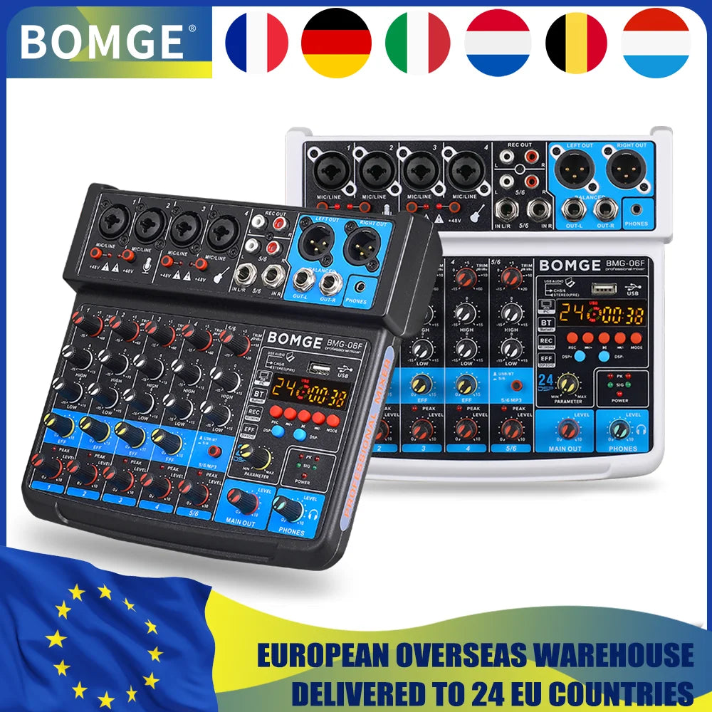 BOMGE 6 Channel 24DSP mini DJ Audio Sound Mixer Interface with MP3 USB Bluetooth Stereo Recording for karaoke performance stream
