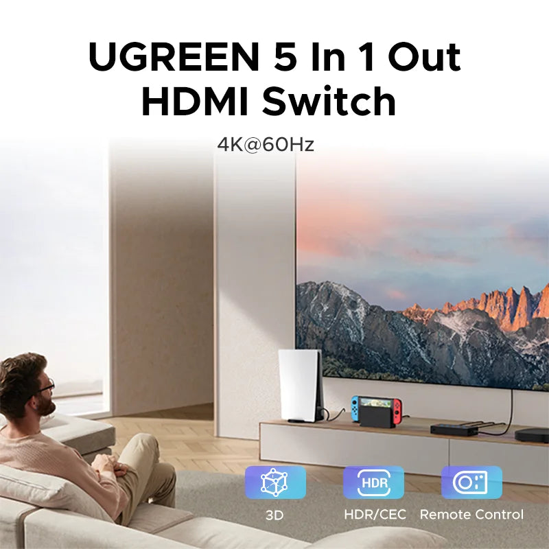 UGREEN HDMI Switch 5 in 1 Out 4K 60Hz HDMI Switcher with Remote Control for PS5 PS4 TV Monitor Projector CEC HDR HDCP 2.2