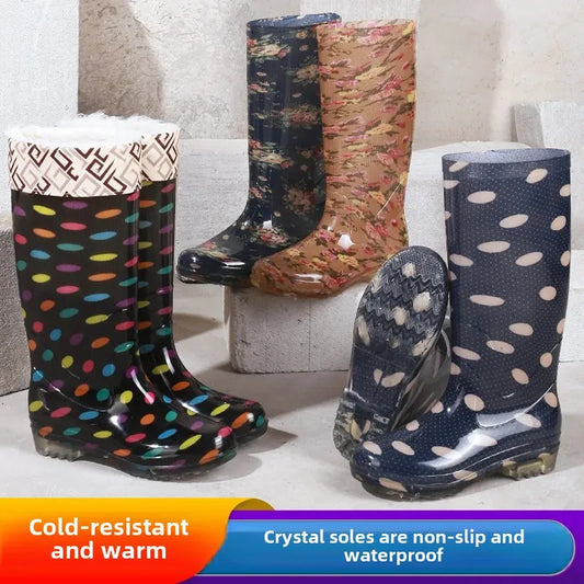Thickened Crystal Flower Fabric High Top Women's Rain Boots Kitchen Waterproof Non-Slip Work Shoes Low Heel Plastic Shoes