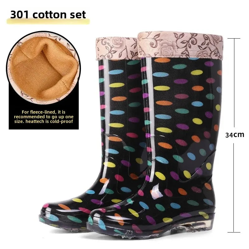 Thickened Crystal Flower Fabric High Top Women's Rain Boots Kitchen Waterproof Non-Slip Work Shoes Low Heel Plastic Shoes