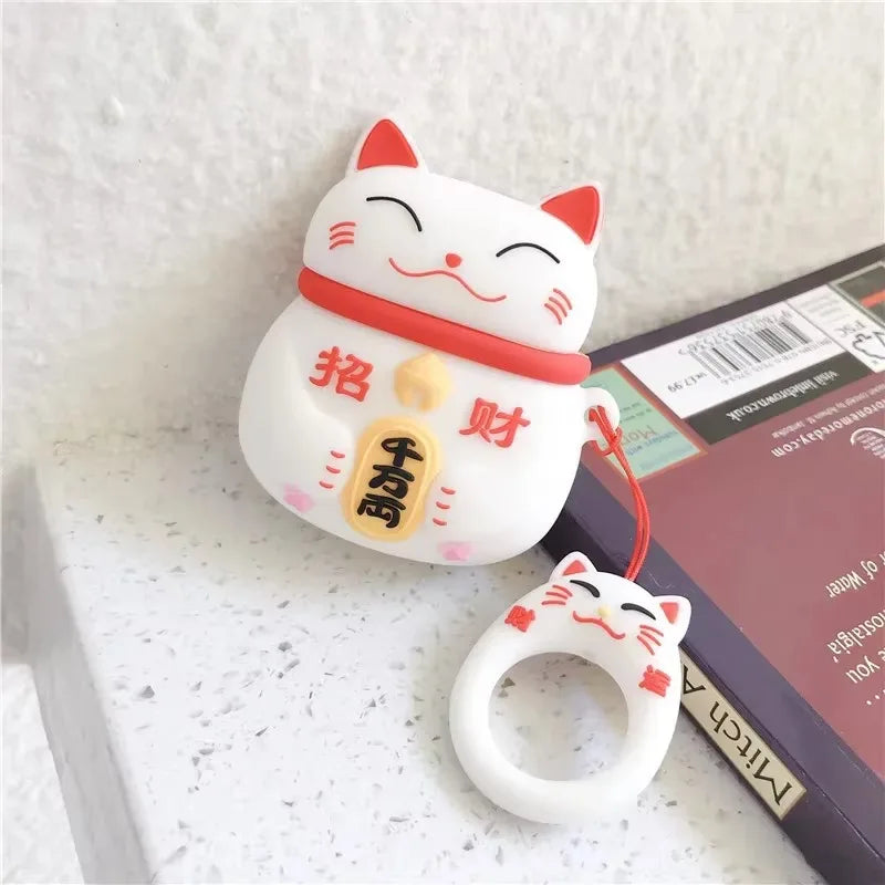 For AirPods 4 3 2 1 Pro Pro2 Earphone Case 3D Maneki Neko Lucky Cat Cartoon Silicone Protective Headphone Box With Pendant Cover