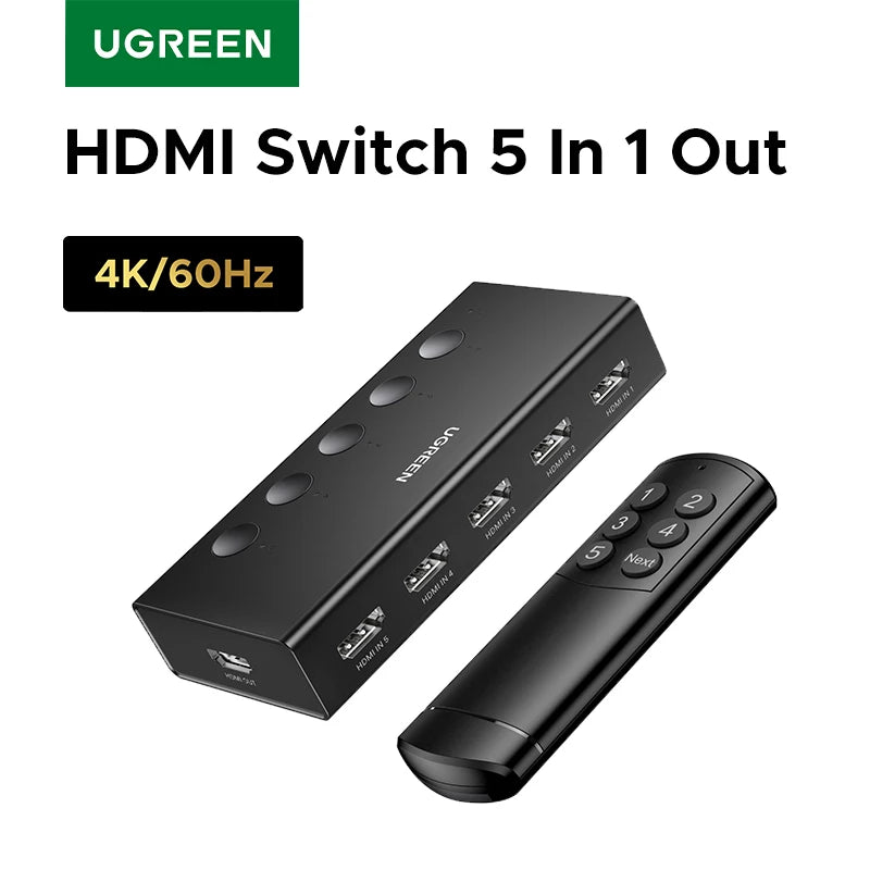 UGREEN HDMI Switch 5 in 1 Out 4K 60Hz HDMI Switcher with Remote Control for PS5 PS4 TV Monitor Projector CEC HDR HDCP 2.2