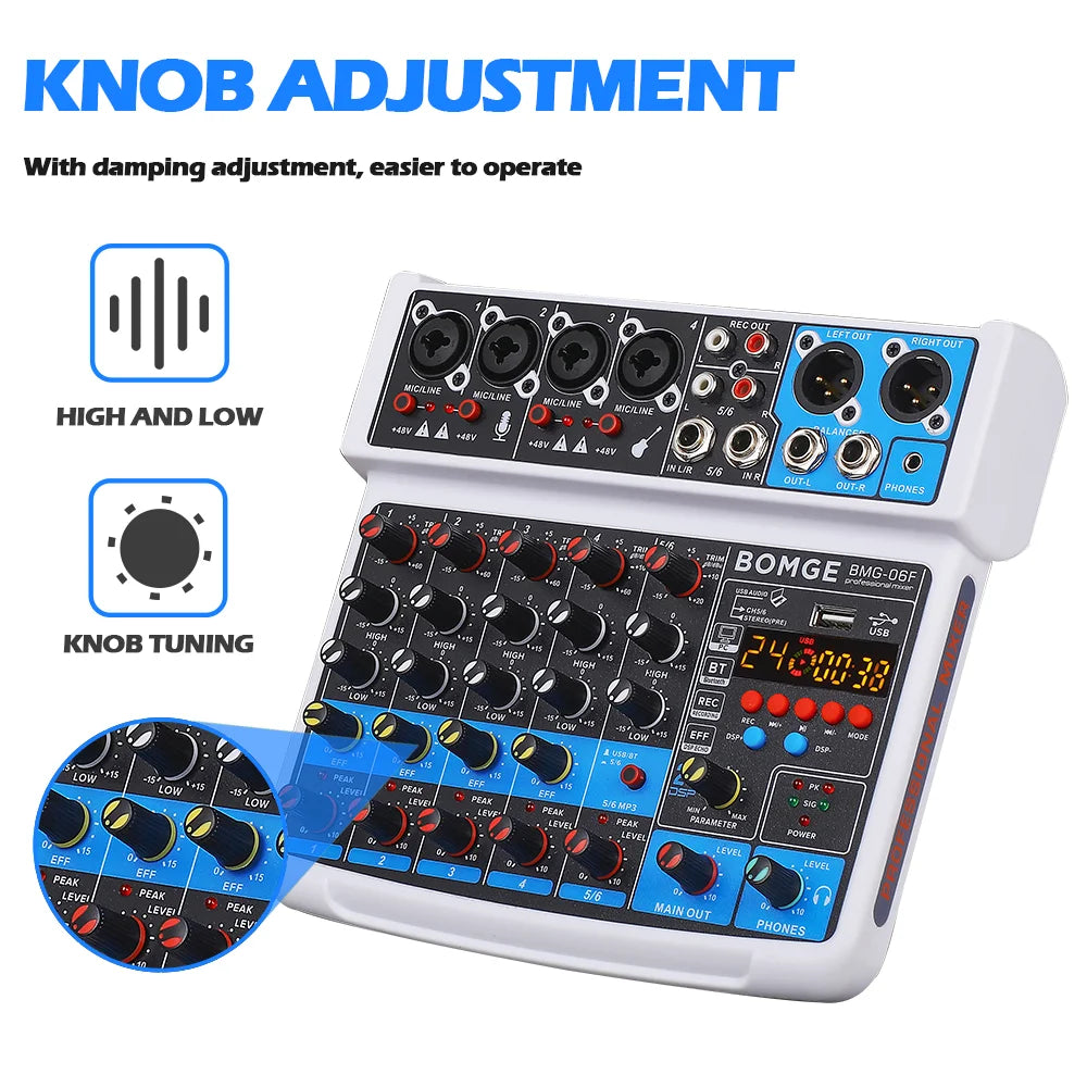 BOMGE 6 Channel 24DSP mini DJ Audio Sound Mixer Interface with MP3 USB Bluetooth Stereo Recording for karaoke performance stream
