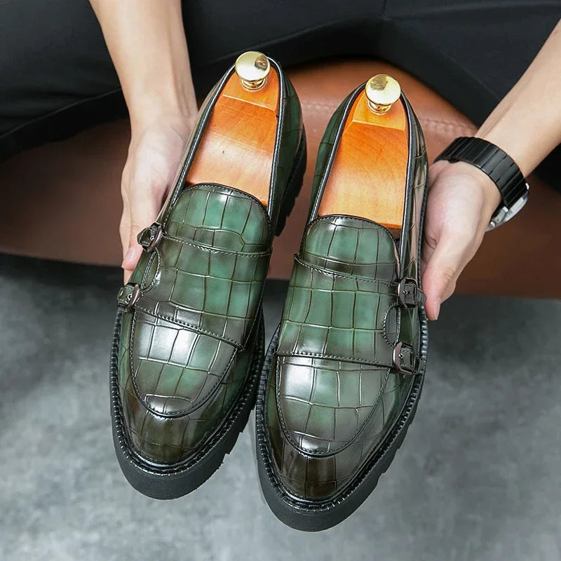 Street Fashion Men's Loafers Thick Sole Big Toe Shoes Trend Green Party Dress Shoes Men's Genuine Leather Casual Shoes