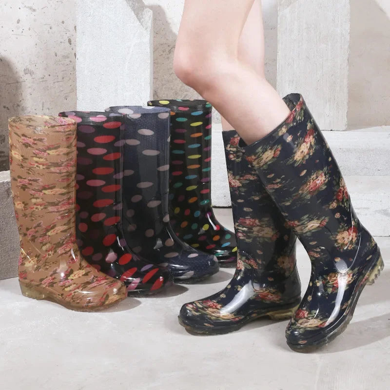 Thickened Crystal Flower Fabric High Top Women's Rain Boots Kitchen Waterproof Non-Slip Work Shoes Low Heel Plastic Shoes