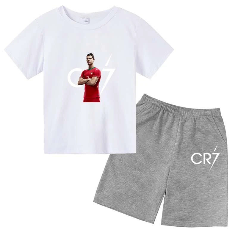 Kids Fashion Summer CR7 Sports Suits 2-14 Years Boys Girls 2pcs Casual Short Sleeve T-shirts+Pants Sets Children Idol Clothes