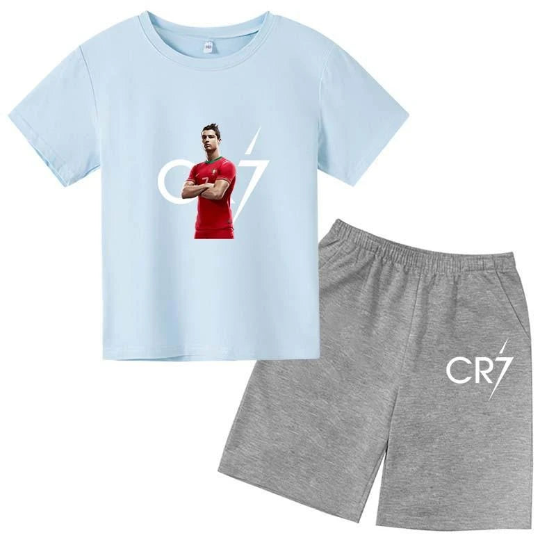 Kids Fashion Summer CR7 Sports Suits 2-14 Years Boys Girls 2pcs Casual Short Sleeve T-shirts+Pants Sets Children Idol Clothes