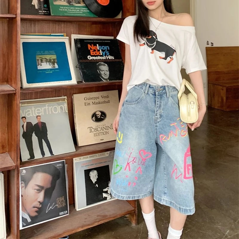 Jeans For Women 2025 Retro Hip Hop Street Jeans Summer Oversized Embroidered High Waisted Wide Leg Shorts Loose Y2K Wide Pants