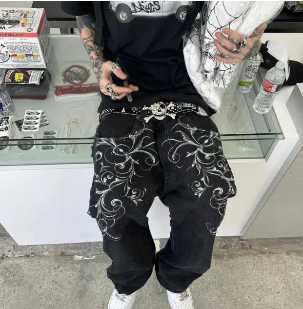 Jeans embroidered hip-hop wide-leg floor-moving Y2K mid-waist gothic individual men's pants American retro fashion trousers