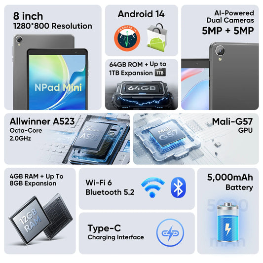 N-one 8 Inch 12GB RAM Android 14 Tablet Computer with Octa-core, Newest Tablet Support 5G WiFi