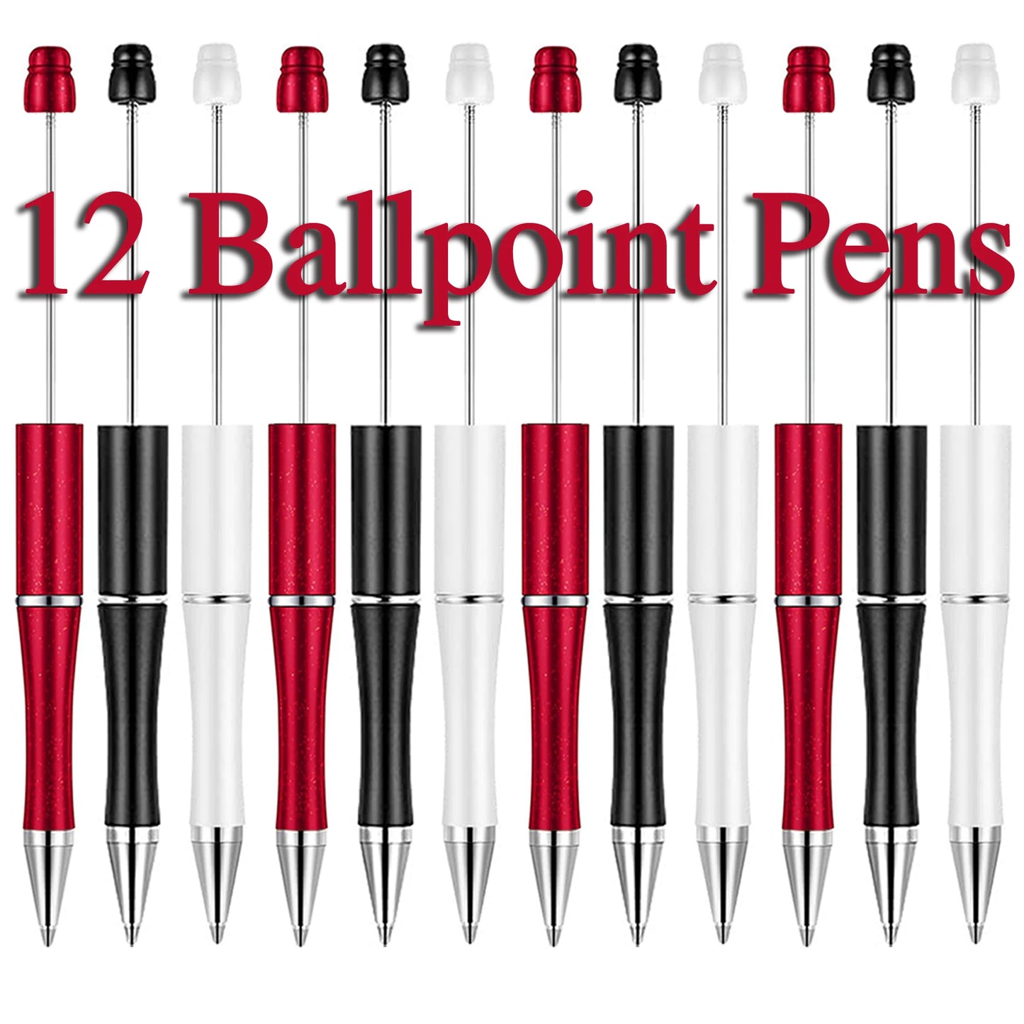 12Pcs Beadable Ballpoint Pens Plastic Xmas Bead Pen Ballpoint Pens Black Ink Ball Pen for Kids Students