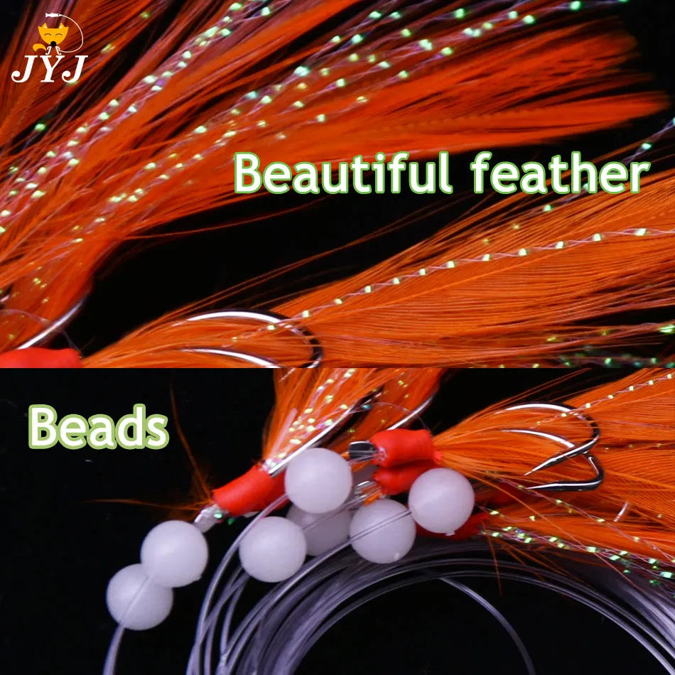 JYJ 8 arms Sabiki Rigs Saltwater Artificial Fishing Lures Luminous Sea Bait Mackerel Pesca Tackle string Hooks Feather Hook