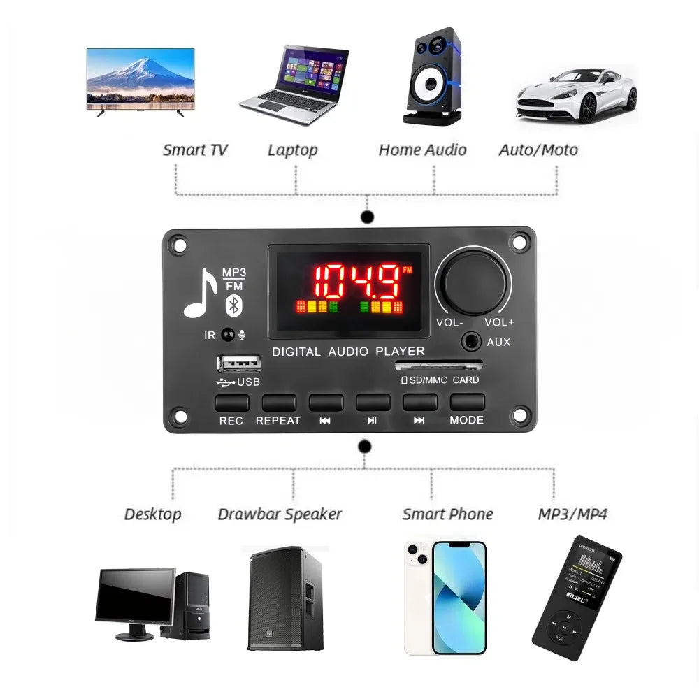 80W Amplifier Bluetooth MP3 WMA WAV Decoder Board 12V Handsfree Call  USB TF FM Car Audio Music Player Speaker Volume Control